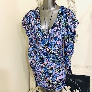 AFRM Macey Puff Long Sleeve V-neck Minidress in the "Blue Wildflower" print